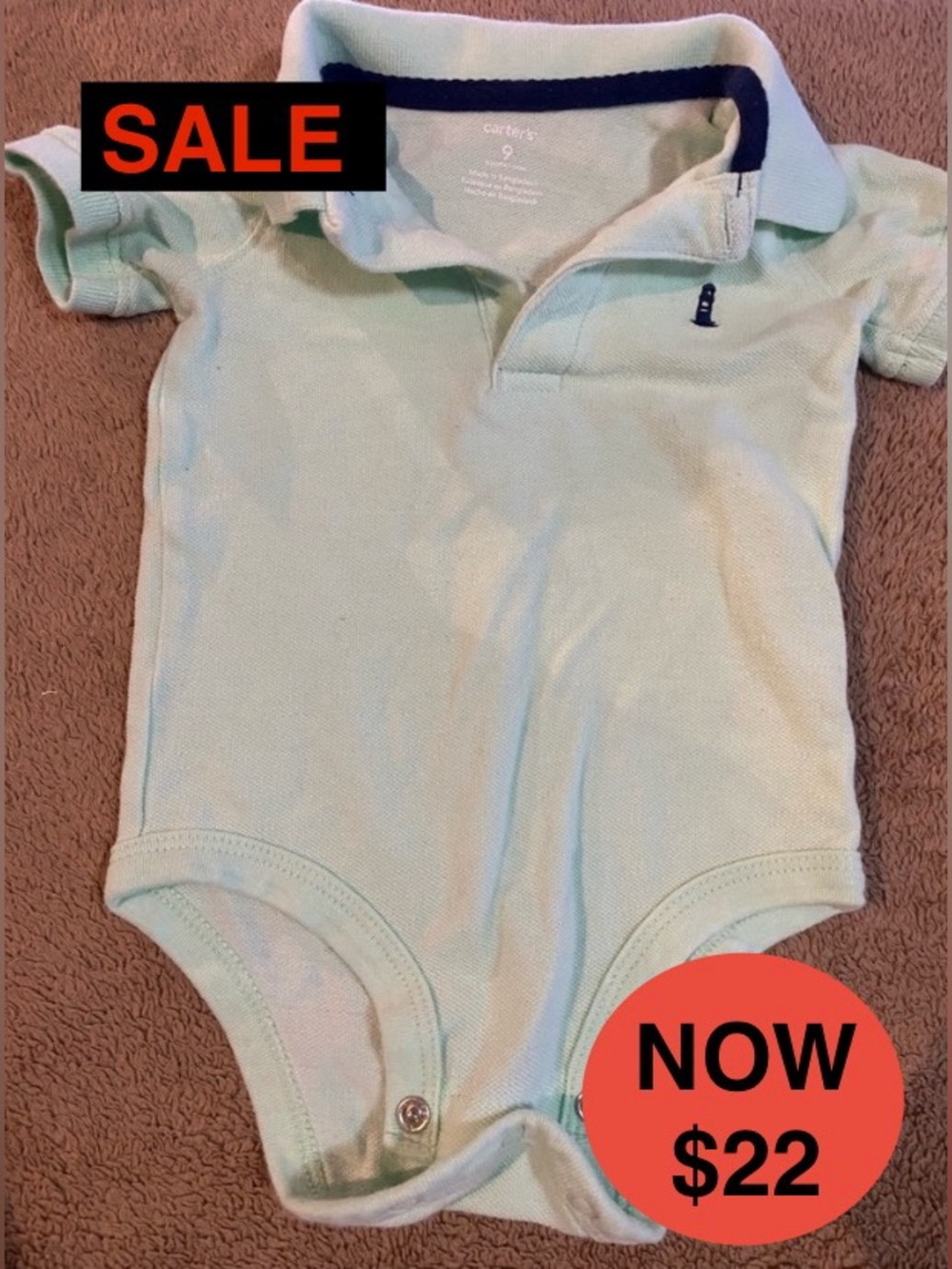 EUC Carter's Baby Boy Mint Green Short Sleeve Polo Bodysuit Romper Lighthouse